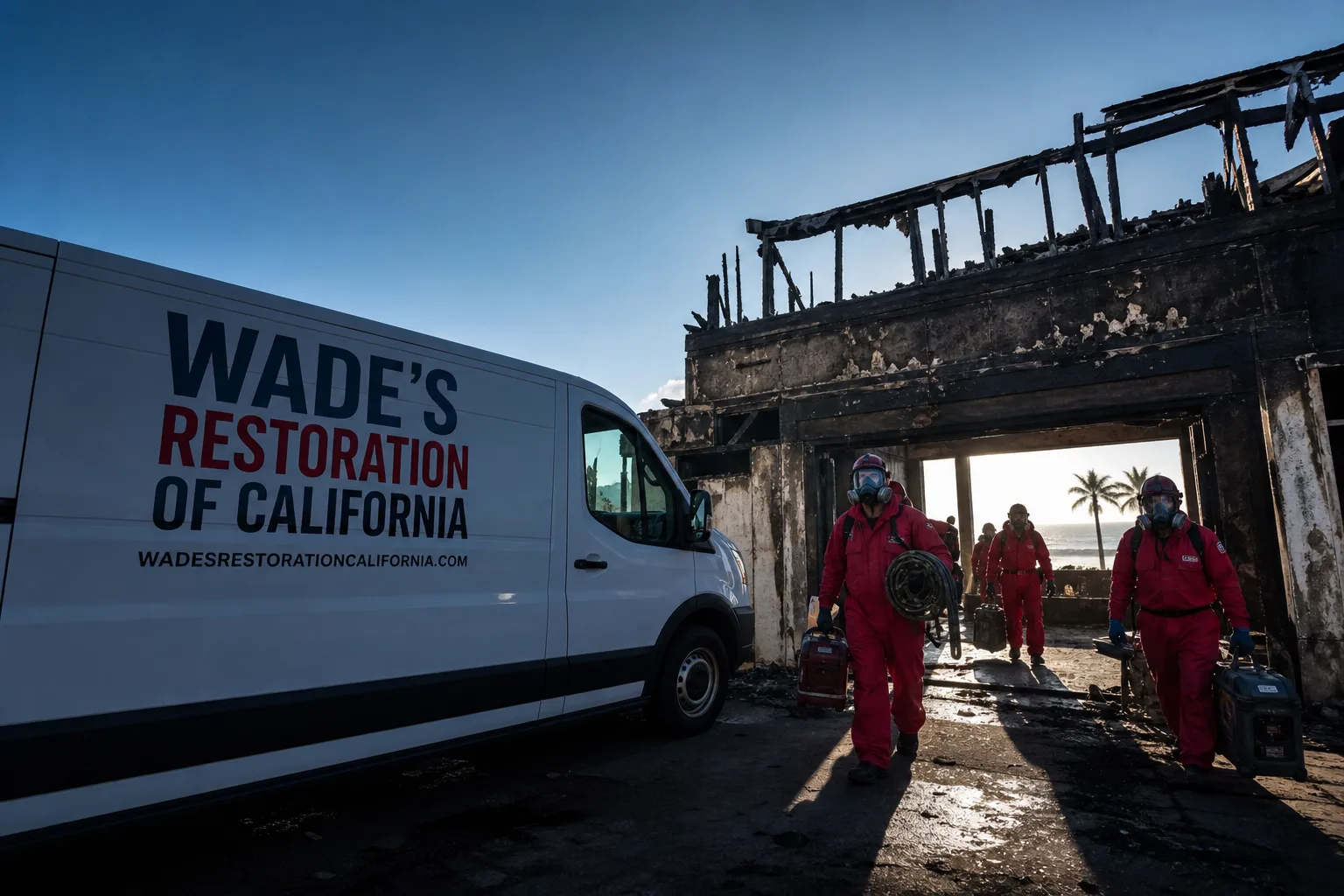 Wade's Restoration of California damage restoration service vehicle and crew in San Diego, CA